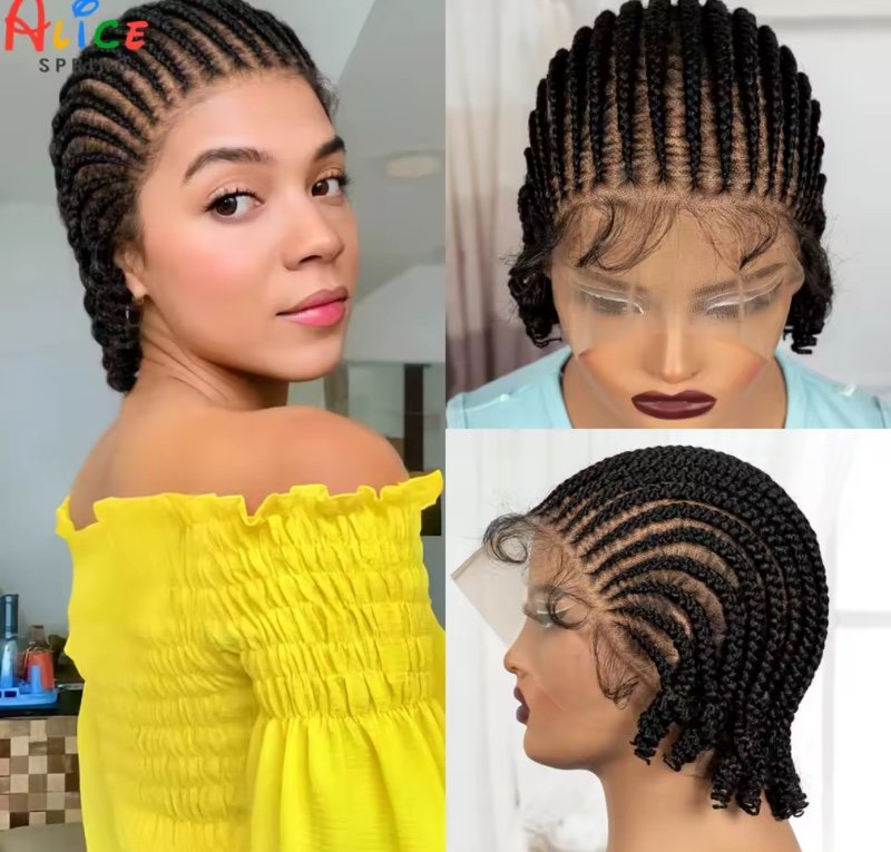 Perruque courte tressée ombrée style cornrow, perruque synthétique pleine dentelle tressée avec cheveux de bébé, tresses faites à la main sans nœuds pour femmes