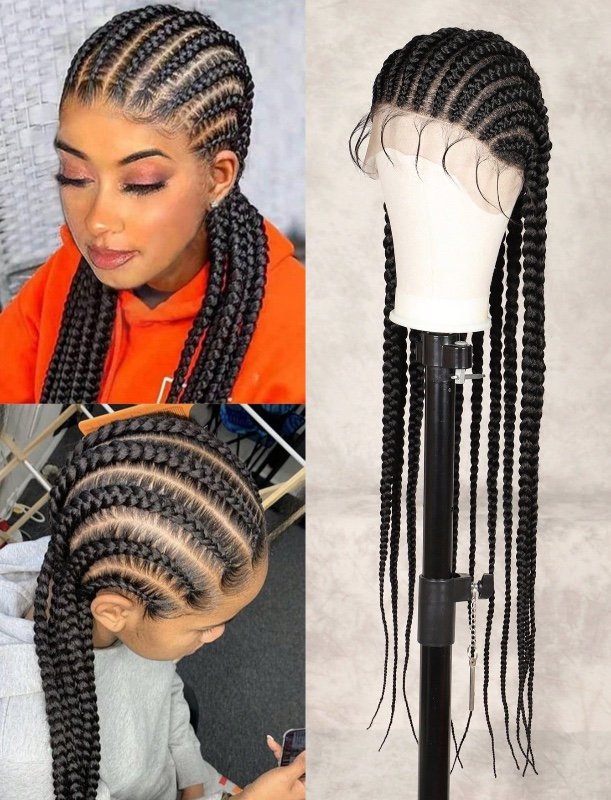 Perruque tressée intégrale en dentelle de 91 cm (36 pouces), perruque frontale en dentelle avec tresses géantes et baby hair, perruque tressée synthétique légère avec bordure en dentelle et torsades (noire)
