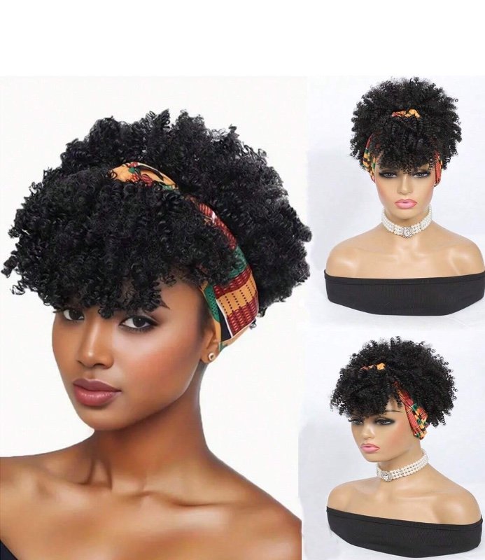Perruque courte bouclée avec foulard intégré, perruque brune, perruque bandeau 2 en 1, perruque afro courte synthétique ombrée brune avec bandeau bandeau.