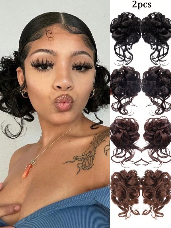 1 ou 2 chouchous synthétiques pour chignon décoiffé, élastiques et tresses, queue de cheval bouclée synthétique pour femme
