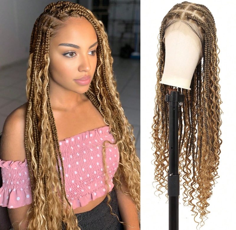 Perruque tressée en dentelle intégrale HD 360° pour femme, style bohème, avec baby hair, tresses box braids, perruque synthétique tressée en dentelle intégrale avec pointes bouclées, usage quotidien, 91 cm (36 pouces).