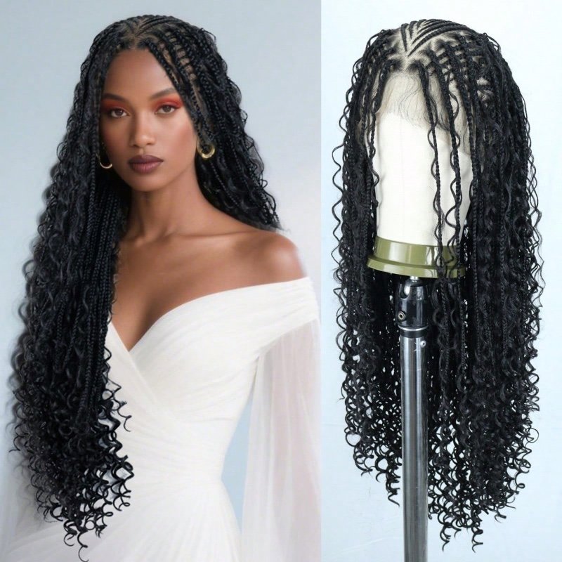 Perruque tressée 360° en maille intégrale, style bohème, pointes bouclées, tresses crochetées à la main, avec baby hair, couleur noire naturelle, 76 cm (30 pouces), perruque synthétique en maille intégrale pour usage quotidien