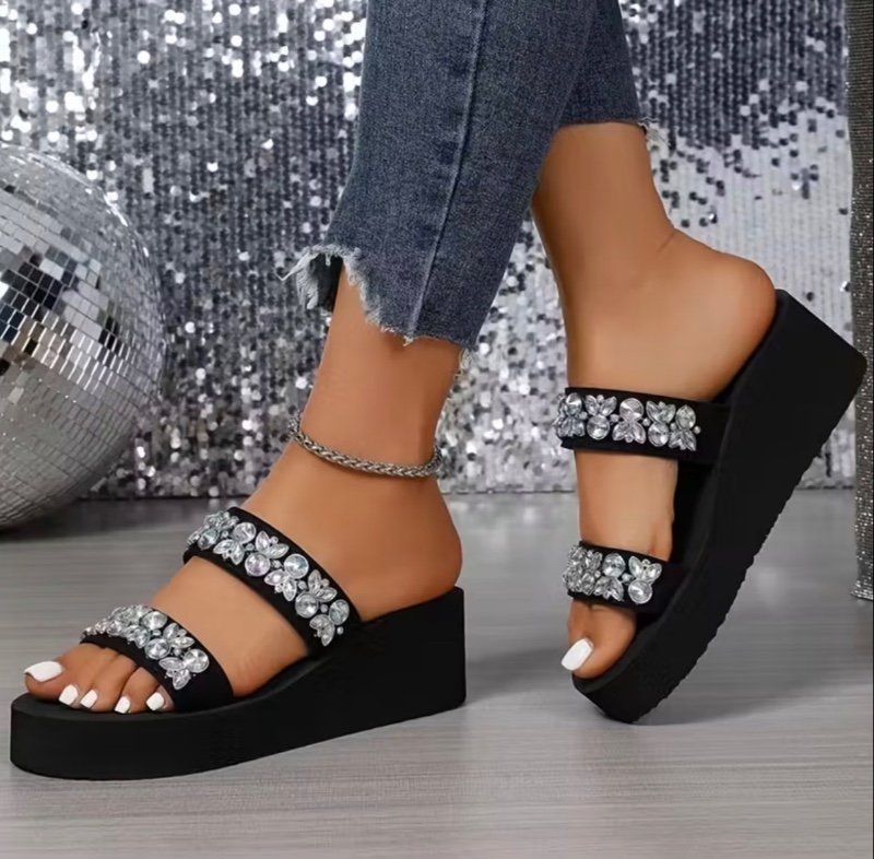 Sandales et mules à talon compensé à plateforme et double bride avec strass brillants, mode été pour femmes