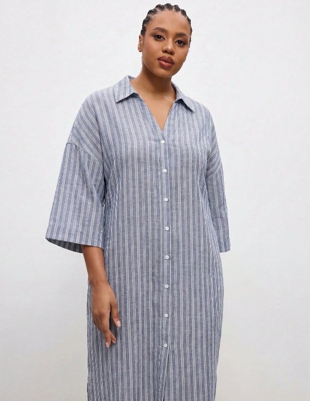 Robe Maija grande taille d'été décontractée à rayures et boutons sur le devant