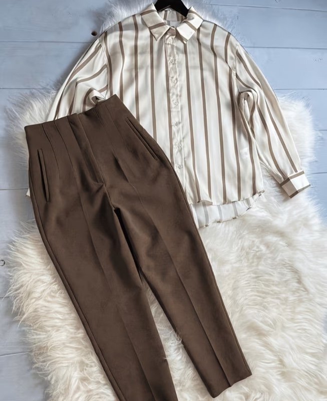 Ensemble 2 pièces pour femmes, style urbain, chemise décontractée à rayures et pantalon marron slim pour femmes professionnelles