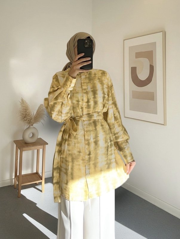 Chemisier léger et décontracté à manches longues, col rond, ceinture à nouer, style arabe élégant et pudique pour femme.