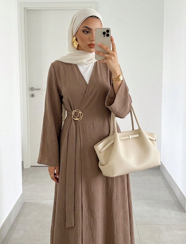 Robe abaya arabe élégante Solavon pour femme, à manches évasées et à nouer, style portefeuille.