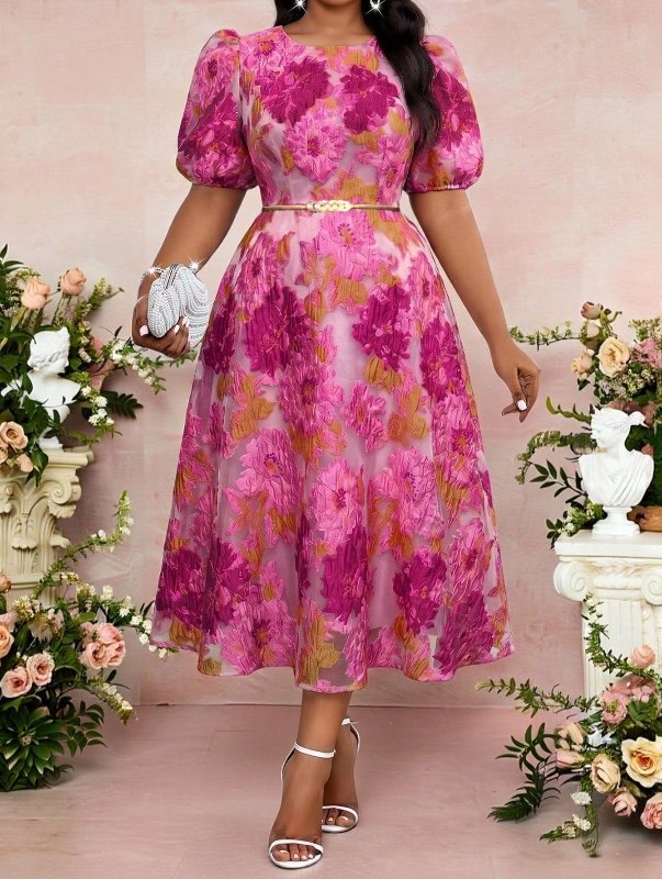 Robe Fleurora pour femme grande taille, col rond, manches courtes, rose à fleurs, élégante et ravissante