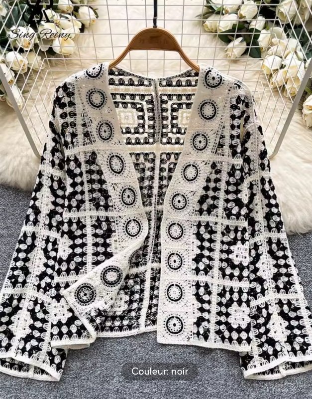 SINGREINY Vintage Boho lâche Plaid Cardigans femme manches longues crochet fleur creux hauts 2025 vacances crème solaire chemise décontractée