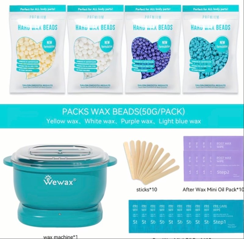 Kit d'Épilation WEWAX Bleu - Chauffe-Cire 500cc, 4 Pots de Cire à Épiler, 10 Bâtonnets de Cire, 20 Lingettes Nettoyantes