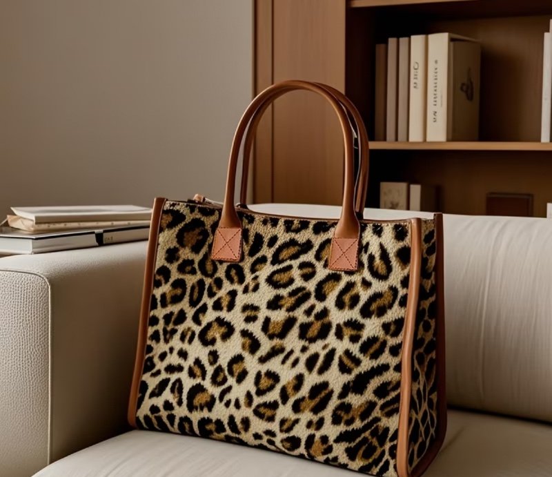 Sac à main tendance et polyvalent pour étudiants, motif aléatoire léopard, grande capacité, bordure en PU, poignée, idéal pour les voyages et les sorties, 1 pièce