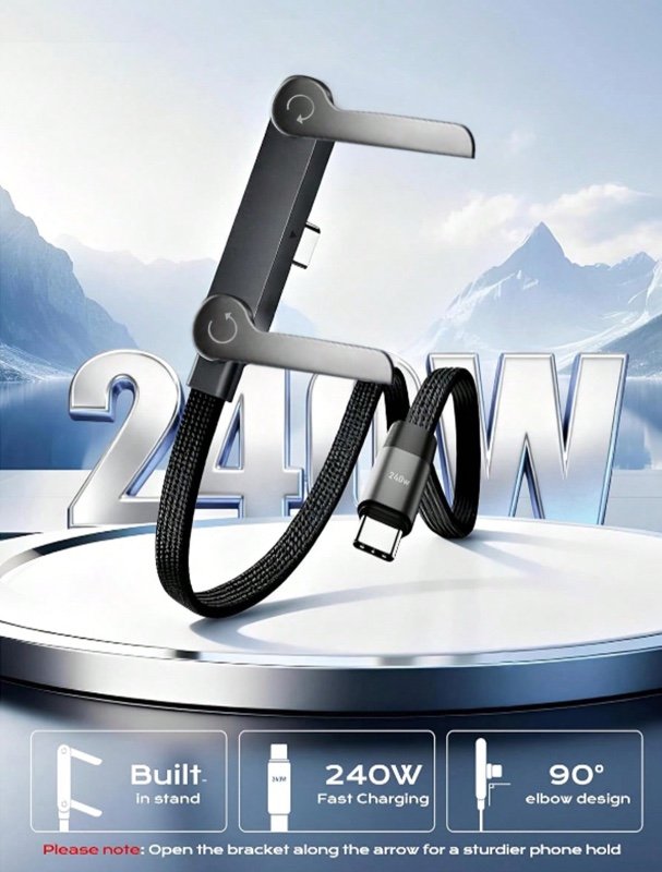 Nouveau support de téléphone pliable avec câble de charge, design incliné à 90° pour la charge et le visionnage de vidéos, compatible avec les téléphones Android et 15-17, câble tressé durable