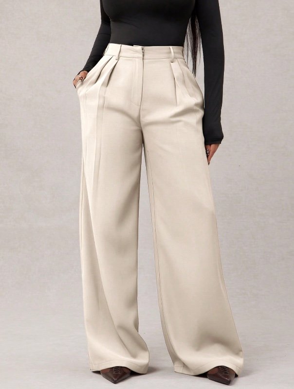 Radiana Pantalon large oversize mode minimaliste café foncé pour femmes, pantalon de ville marron à jambes larges pour femmes, pantalon taille haute à jambes larges marron, pantalon de costume marron pour l'automne/l'hiver