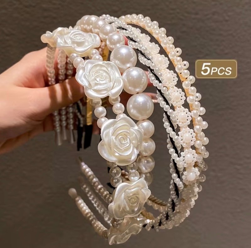 5pcs Bandeau Cheveux Noire et Blanc Élégant avec Perles