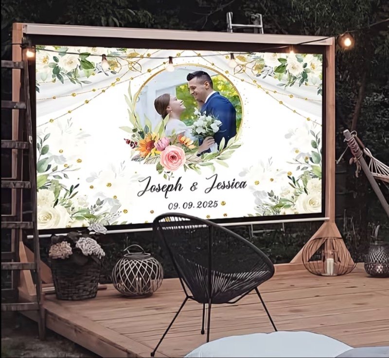 Bannière de Toile de Fond de Mariage 2D Plate, 1 pièce, avec Photo Personnalisée et Texte de Nom - Nom/Date