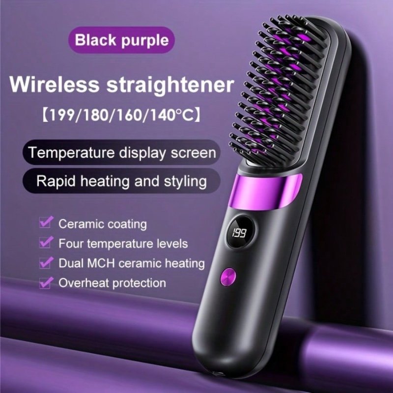 Brosse de coiffure chauffante sans fil 2-en-1 - Bouclage et lissage, design portable, anti-brûlure, charge rapide Type-C, batterie grande capacité de 1800 mAh, écran LED, convient pour la maison et les voyages, outil de coiffure professionnel