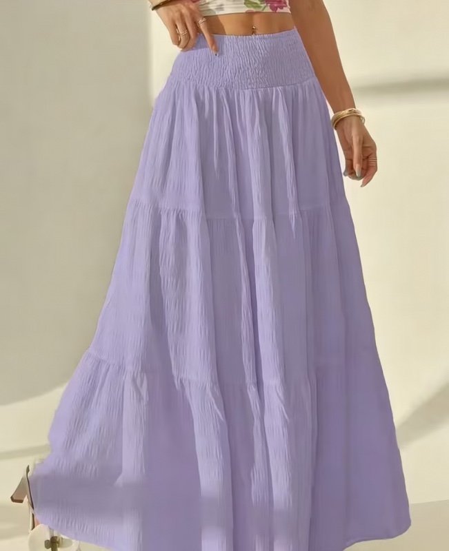 Jupe Maxi Bohème à Volants, Jupe Longue Fluide Trapèze à Taille Haute, Jupe Décontractée Ample Plissée de Couleur Unie pour Vacances à la Plage, Vêtement de Tous les Jours, Mode Femme