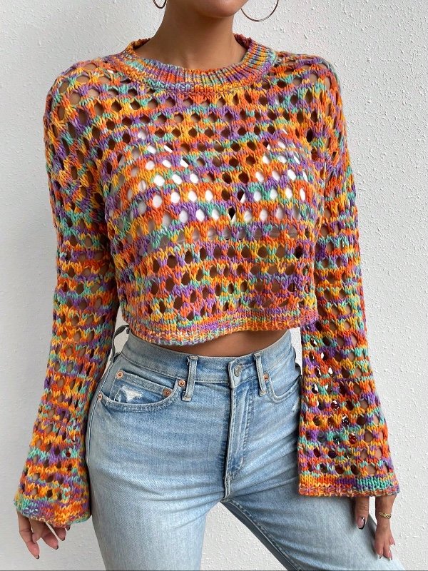 Chiquease Pull court en tricot à manches évasées en dentelle mélangée, pull en tricot pour l'automne et l'hiver
