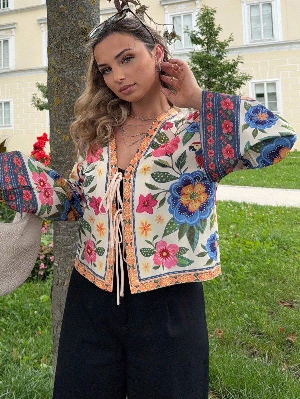 Jeta Ari Chemise femme ample à manches 3/4 avec nœud devant, imprimé tissé, coupe courte