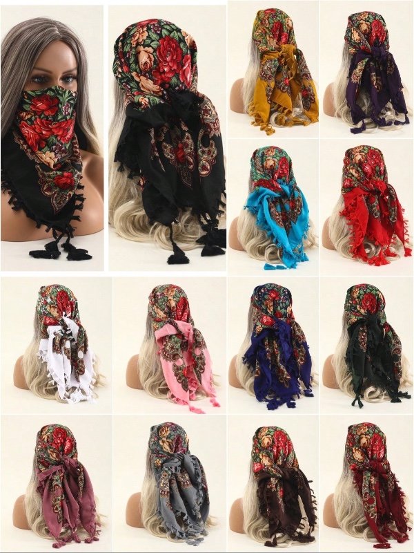 1 pièce Châle turban imprimé traditionnel pour femmes, écharpe carrée multifonctionnelle chaude et anti-poussière pour couvrir le visage au quotidien, essentiel pour la plage, les vacances et les voyages