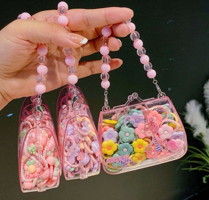 20 pièces Fleurs en faux perles mignonnes en boîte, chouchous de dessin animé élastiques mini non dommageables, élastiques en caoutchouc en forme de fleur, nœud, fruit, accessoires de tête doux pour filles (y compris la boîte de fausses perles roses), sup