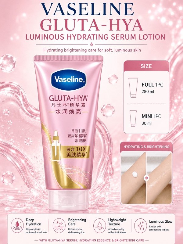 Vaseline 30/280 ml Lotion essence à l'acide glutathion-hyaluronique (pour une utilisation nocturne), réparatrice et éclaircissante, effet éclaircissant 7 jours, estompe les imperfections, hydratation 24 heures, absorption en 3 secondes, contenant 10 fois