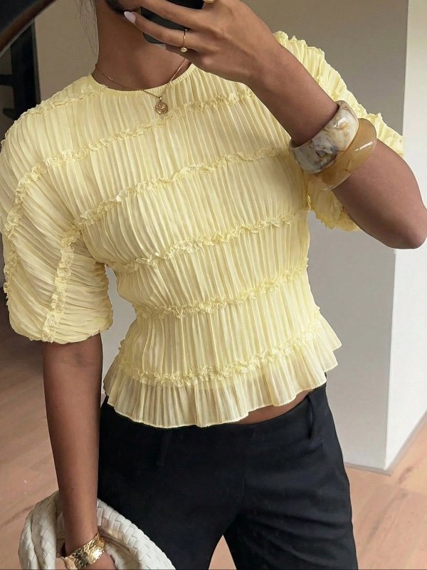 Siren Gaze Blouse à col rond en dentelle de couleur unie avec manches évasées, chemise élégante, Top à volants col rond de couleur unie, convient pour les raves, les festivals de musique, Ibiza, Coachella, peut être porté comme vêtement extérieur, blouse
