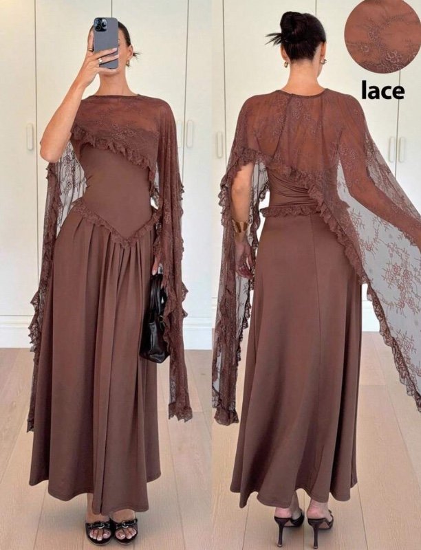 Siren Gaze Robe élégante à taille en dentelle contrastée pour femmes, marron.