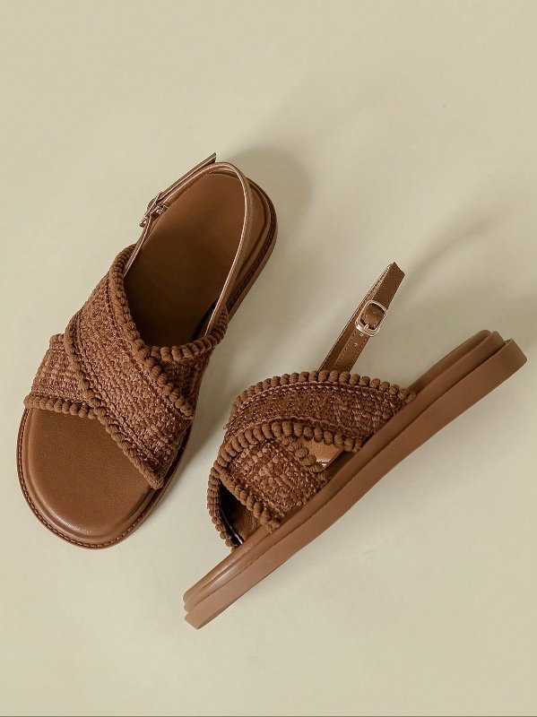 Sandales à boucle pour femmes, talon bas, semelle épaisse, style bohème rétro tressé frais avec pompons, patchwork de dentelle, bout ouvert, plate-forme creuse confortable d'été, nouvelle sandale compensée à talon bas à la mode pour l'extérieur et la plag