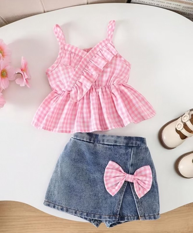 2pcs/Set Bébé Fille Printemps&Été Style Décontracté, Haut Slip Sans Manches Uni & Décoration Nœud Courte Faux Denim P102420, pour Extérieur