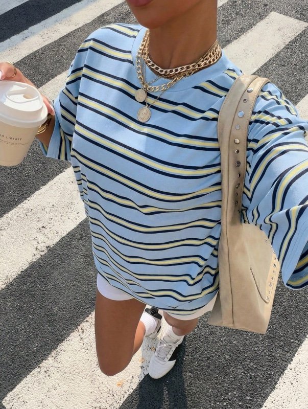 Muchica T-shirt ample à manches courtes rayé bleu pour femmes, nouvelle arrivée pour l'été