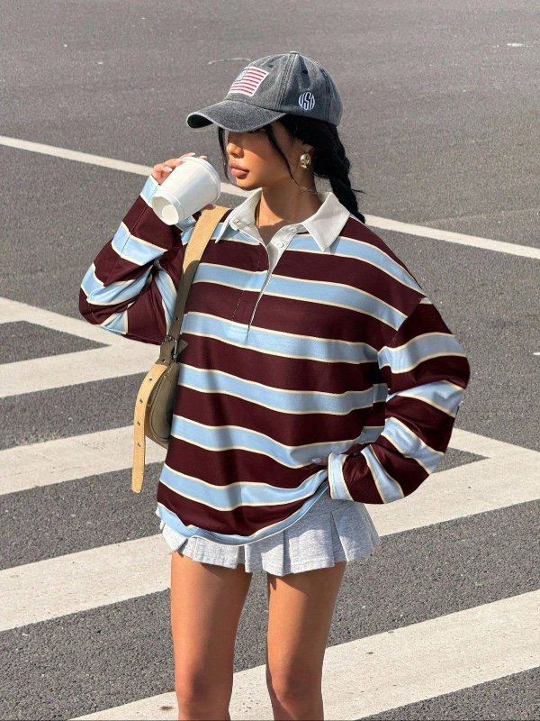 Muchica Femmes Décontracté Navette Collège Style Contraste Rayure Imprimé Polo Col Ample Manches Longues T-Shirt, Printemps/Automne