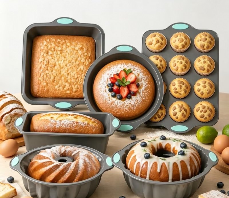 Kit de moules de cuisson intégrés en silicone avec moules pour pain, chiffon, chiffon spiralé, muffin, carrés et ronds. Démoulage facile, résistance aux hautes températures et conception antidérapante. Convient à divers fours, idéal pour la pâtisserie à l