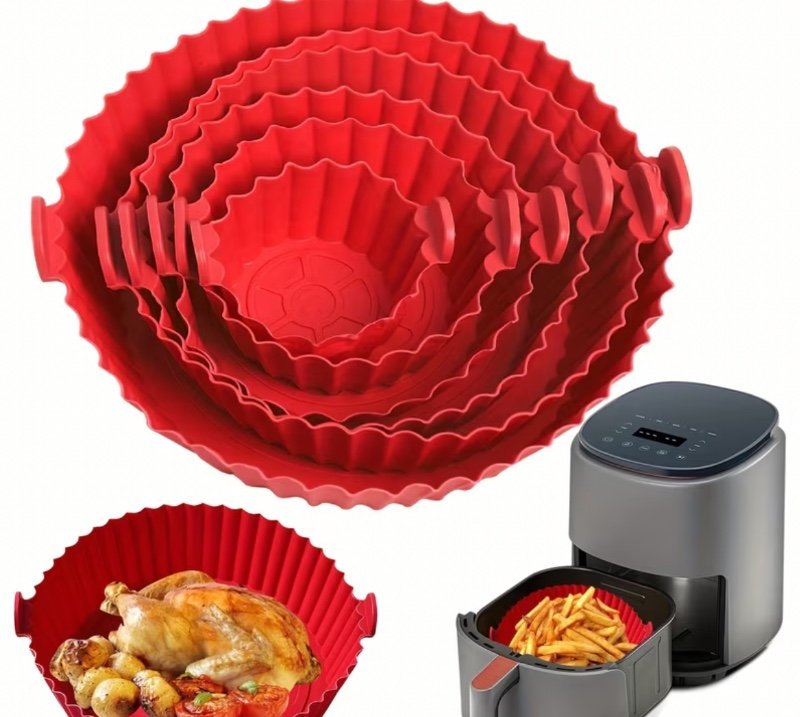 6pcs Revêtements de friteuse à air en silicone rouge - Antiadhésifs, bords ondulés pour une cuisson uniforme, faciles à nettoyer, sûrs pour le contact alimentaire, parfaits pour rôtir le poulet, le poisson et les légumes, accessoires pour friteuse à air